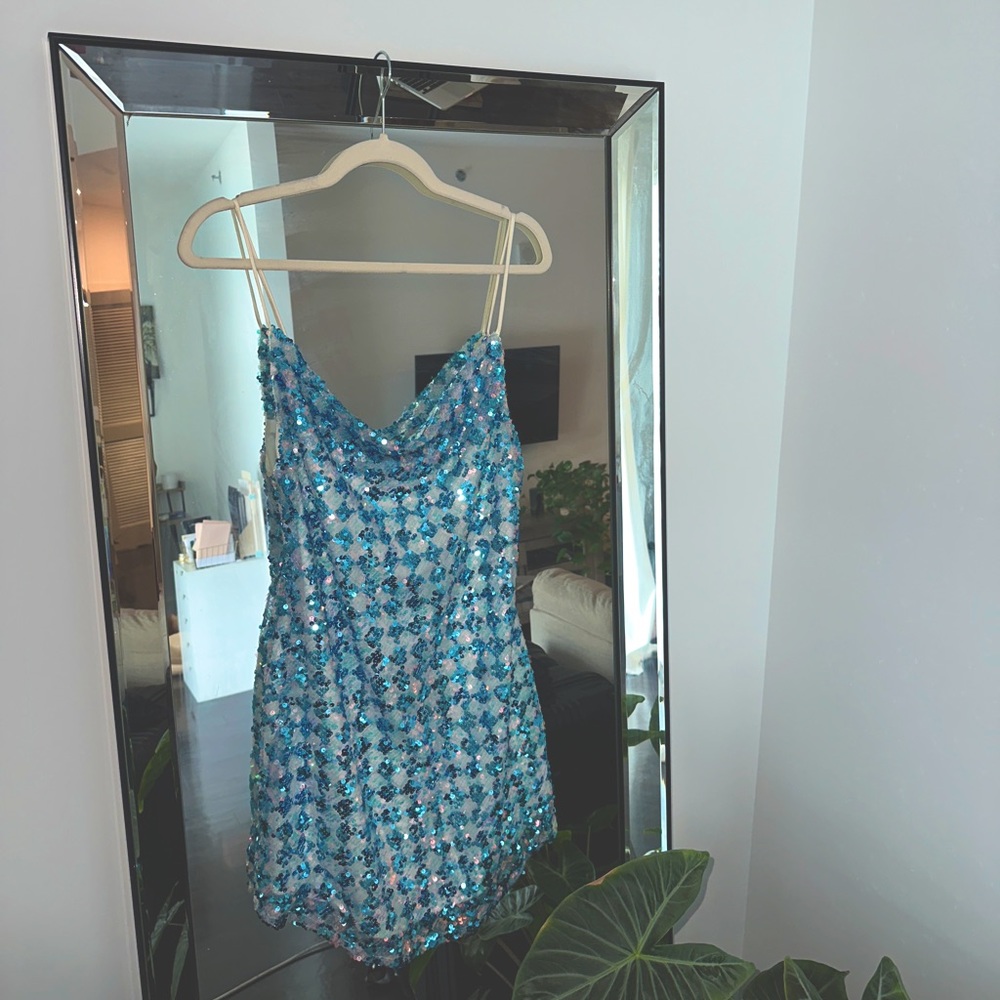 Selfie Leslie cowl neck mini disco dress